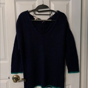 Tommy Hilfiger Navy V-Neck Sweater with Teal Accents lace up back .